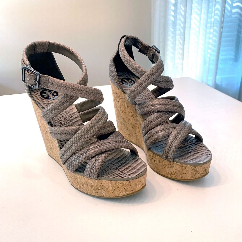Tory Burch Taupe Python Embossed Leather Cork Wed… - image 1